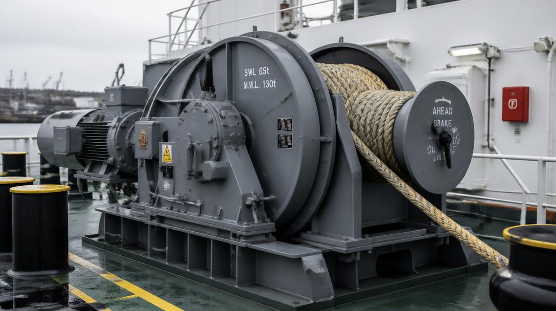 Heavy industrial mooring winch on a ship deck
