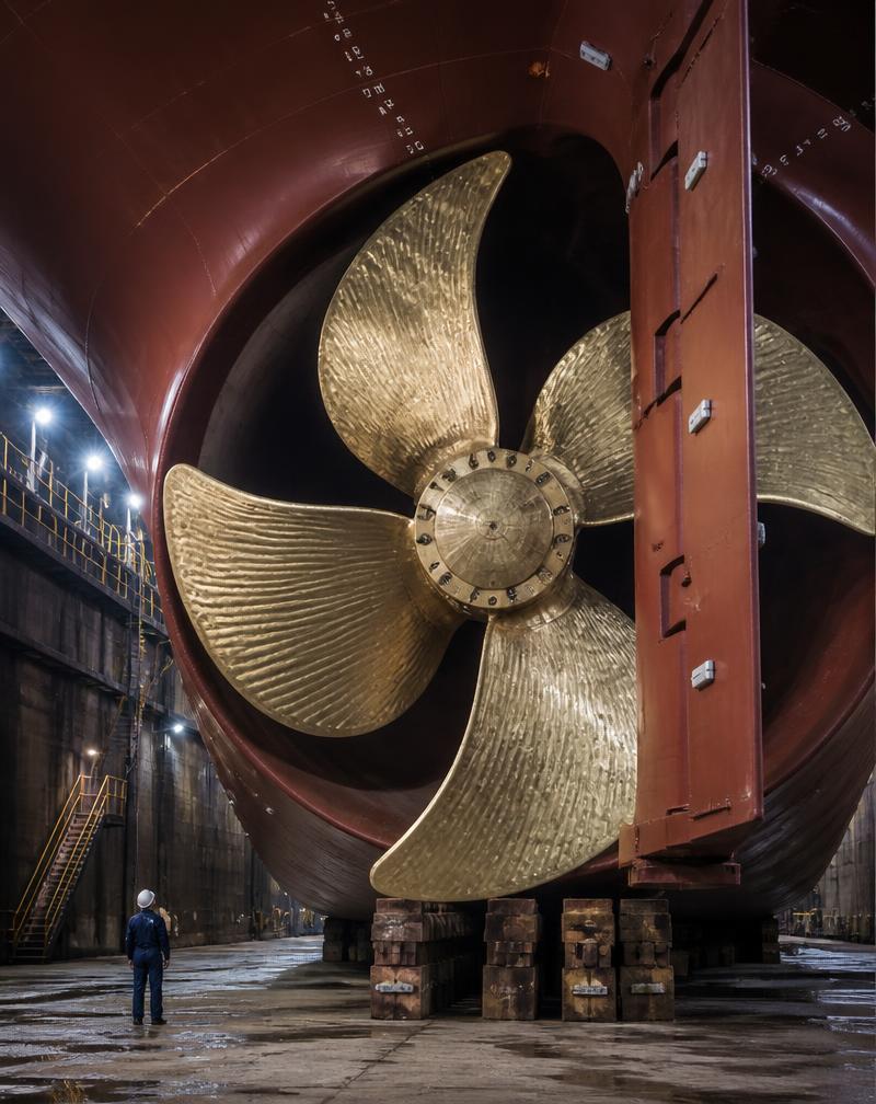 Large cargo ship propeller in a dry dock