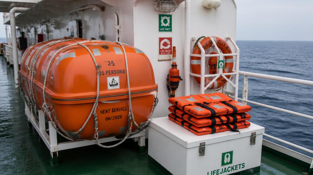 Orange life raft and safety gear stored on deck